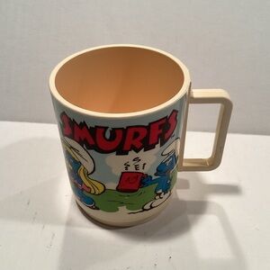 Vintage 1980 Smurf Smurfs Mug Plastic Cup Made In USA By DEKA 3.5” With Handle